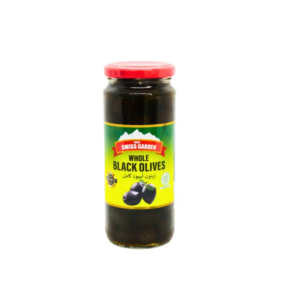Swiss garden whole black olives 340g