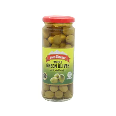 Swiss garden pitted green olives 340g